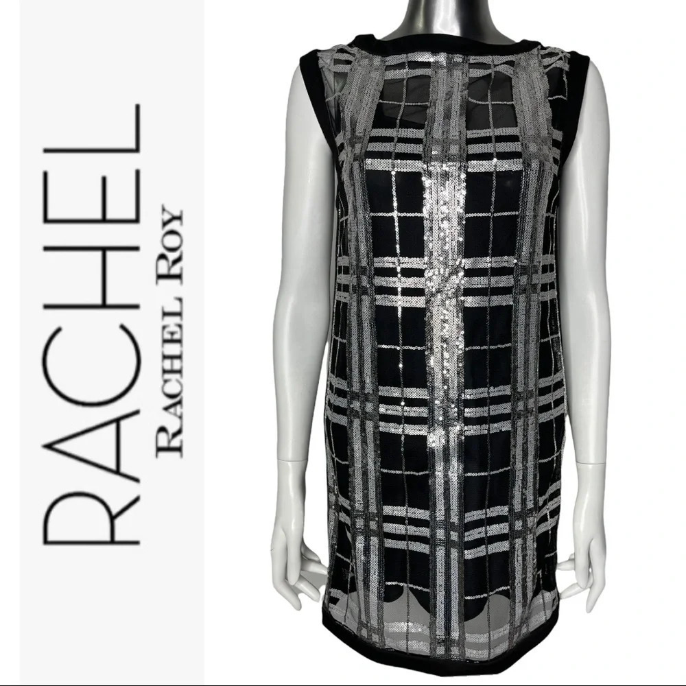 🛍️3/$40 Rachel Rachel Roy Sequin Dress Black Silver Plaid Dress Sleeveless Sz 0
